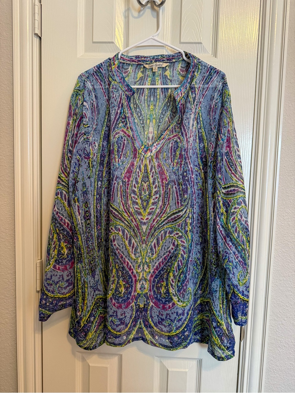TravelSmith 3X Blue Paisley Boho Tunic Top Embroidered Lightweight Plus Size